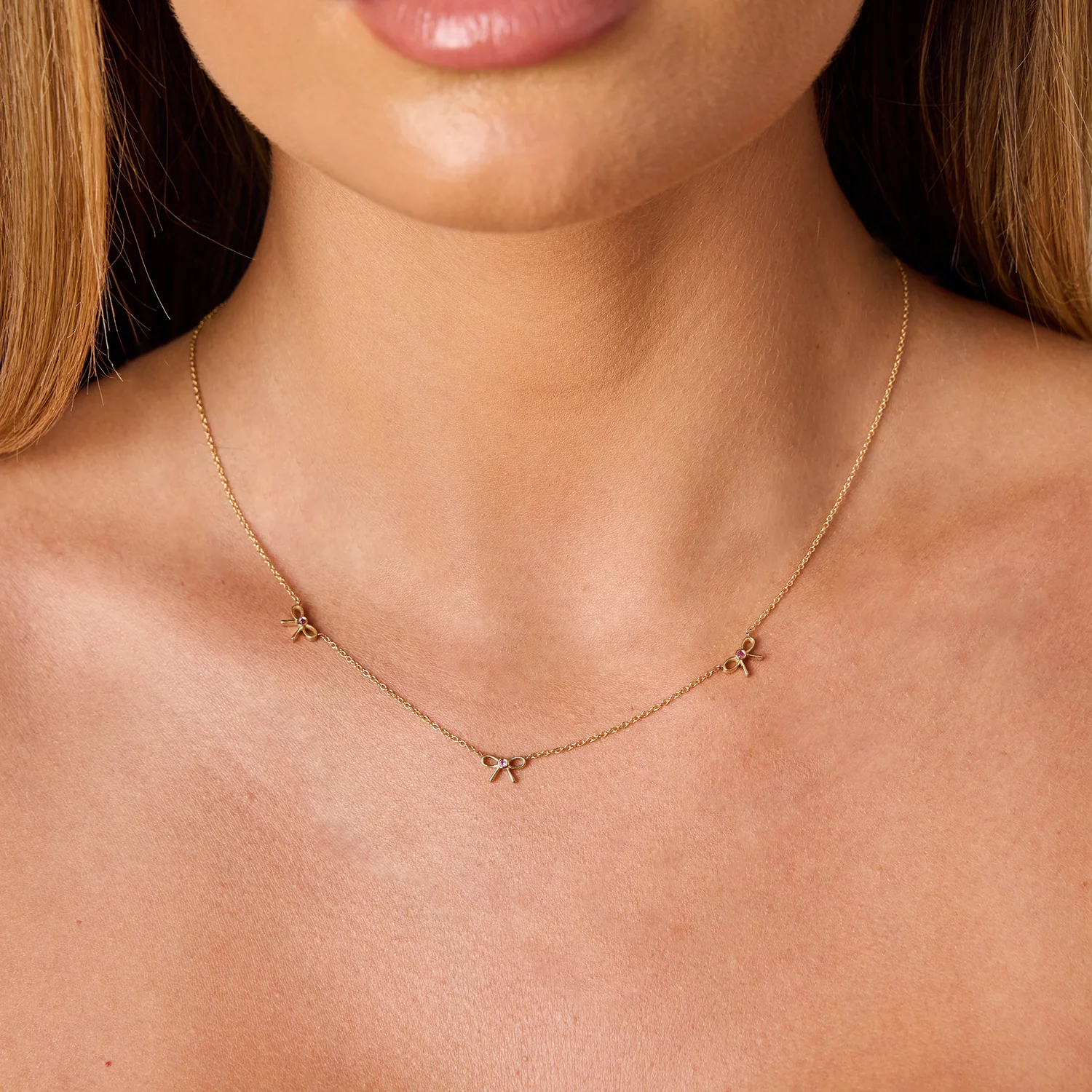 Dainty Pink Sapphire Three Bow Necklace - Image 6