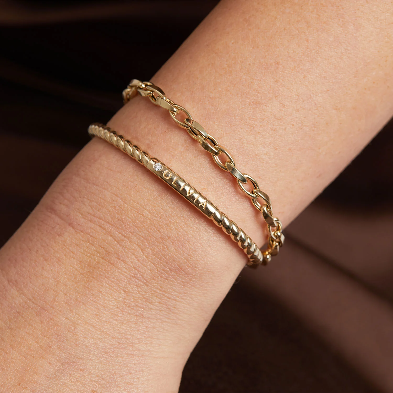 Diamond Solitaire Engravable Twist Name Cuff - Image 7