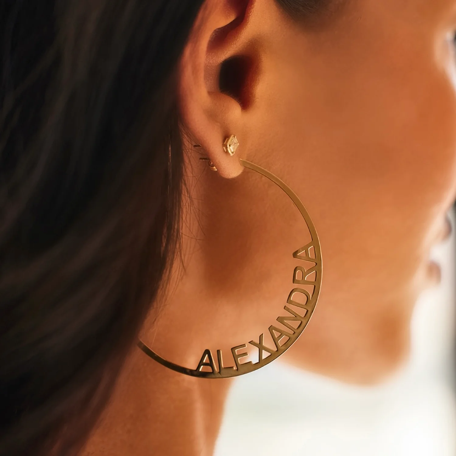 Large Custom Block Name Hoop Earrings - Image 6