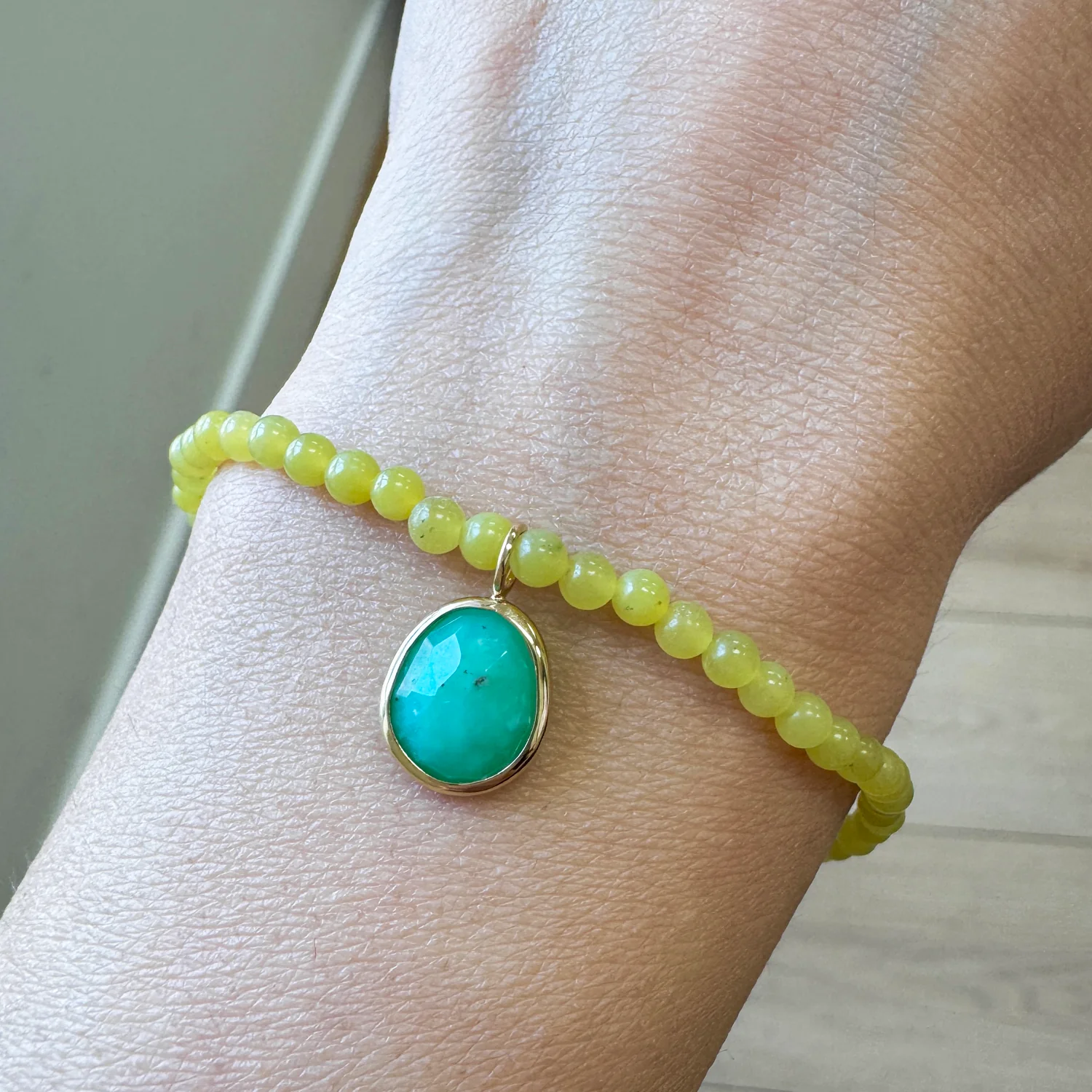 Lemon Jade Gemstone Drop Bead Stretch Bracelet - Image 3
