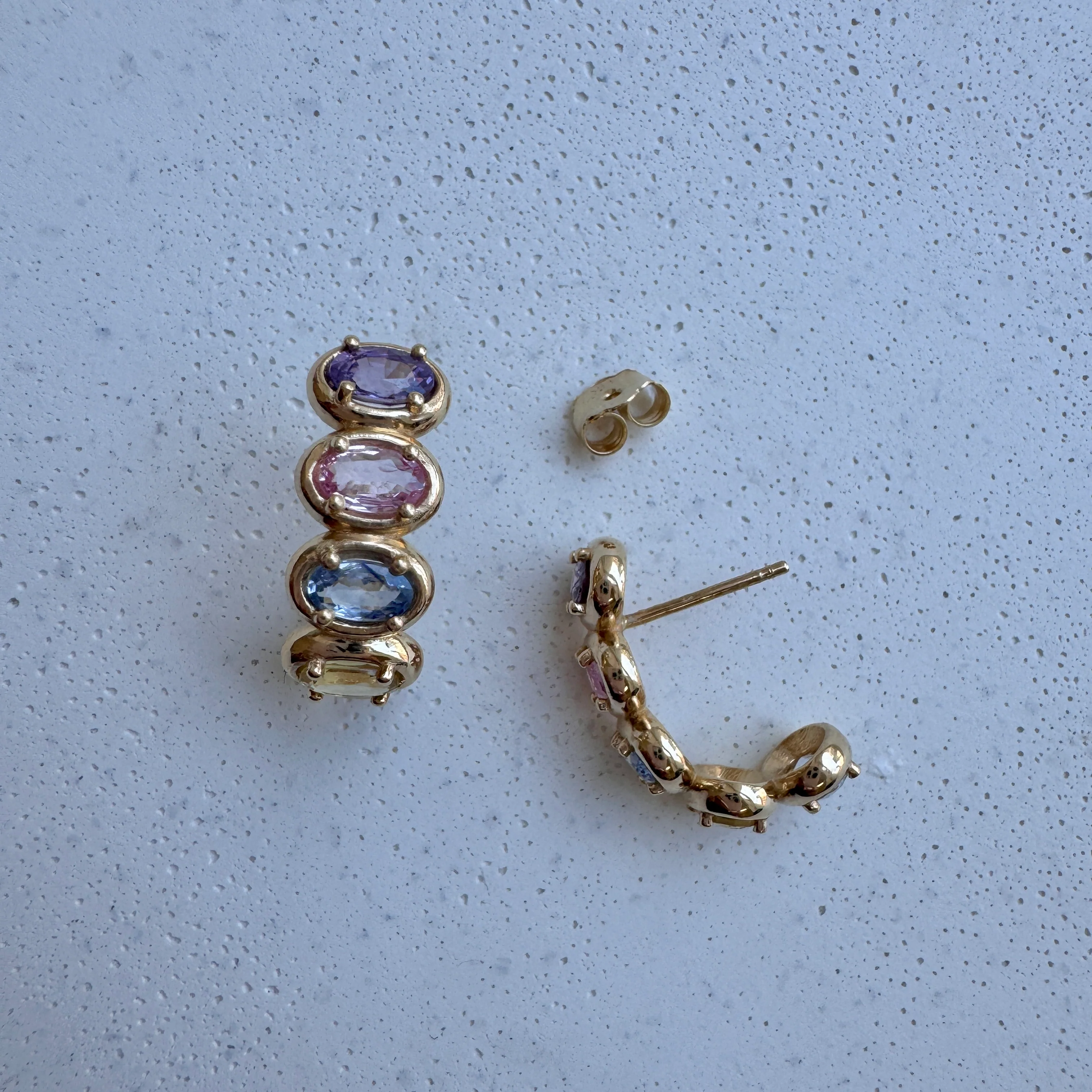 Oval Sapphire Multi Colored Half Hoop Earrings - Image 4