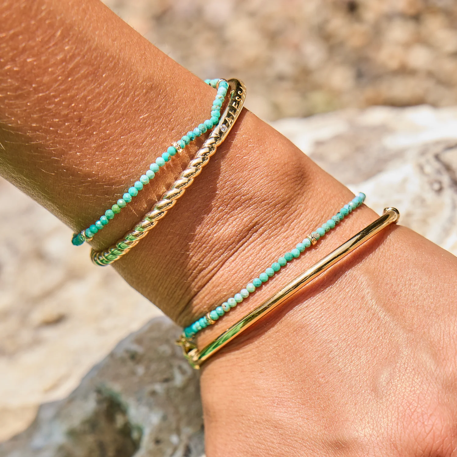 Turquoise & Faceted Gold Stretch Bead Bracelet - Image 3