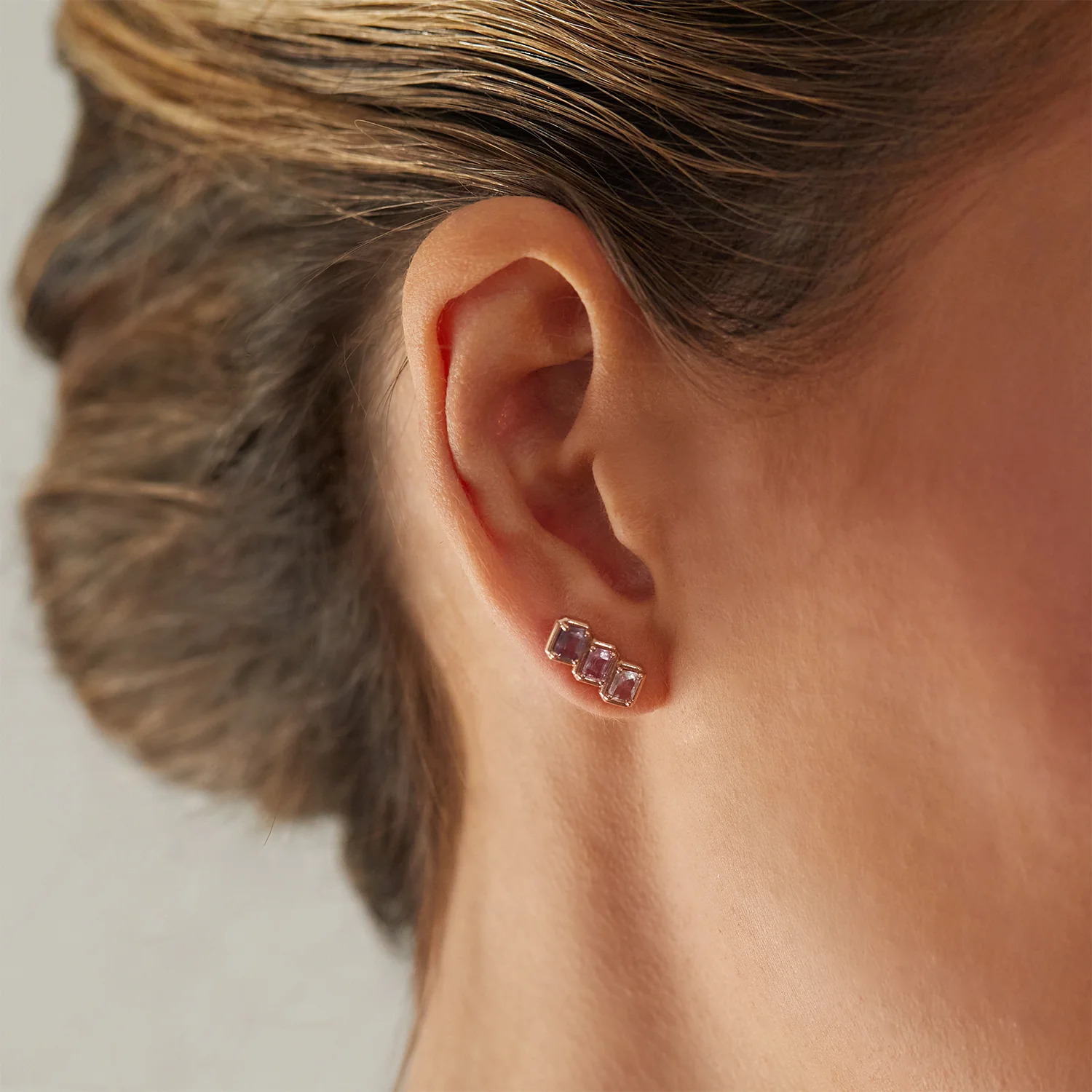 Emerald Cut Pink Ombré Trio Sapphire Earrings - Image 4